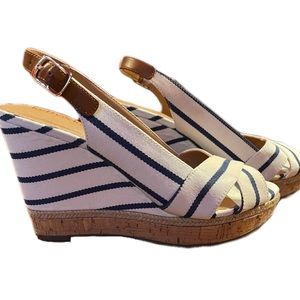 KELLY & KATIE SLING BACK OPEN TOE STRIPED CANVAS ESPADRILLE CORK WEDGE HEEL